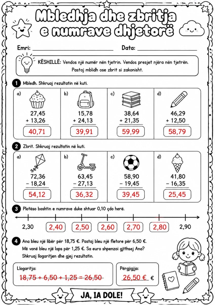 Answer key for Mbledhja dhe zbritja e numrave dhjetorë — free printable Math worksheet