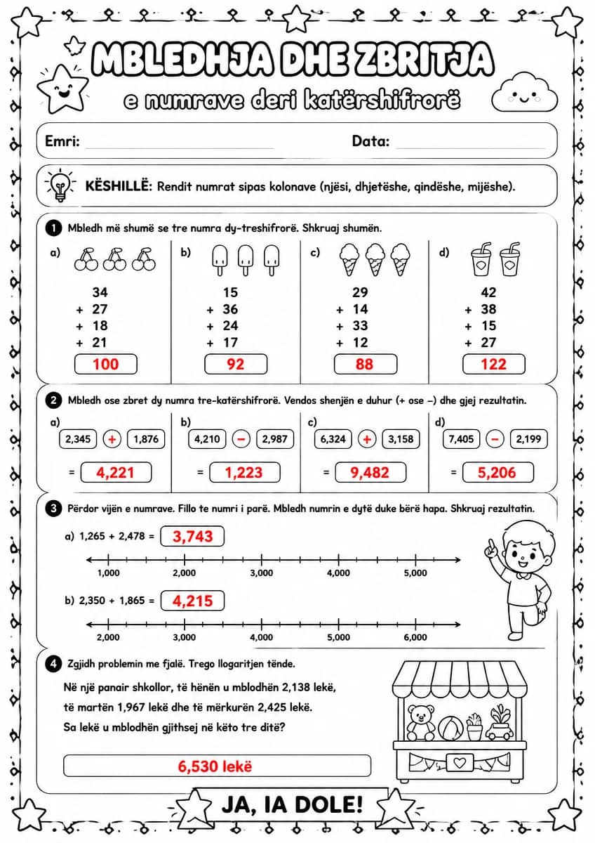 Answer key for Mbledhja dhe zbritja e numrave deri katërshifrorë — free printable Math worksheet