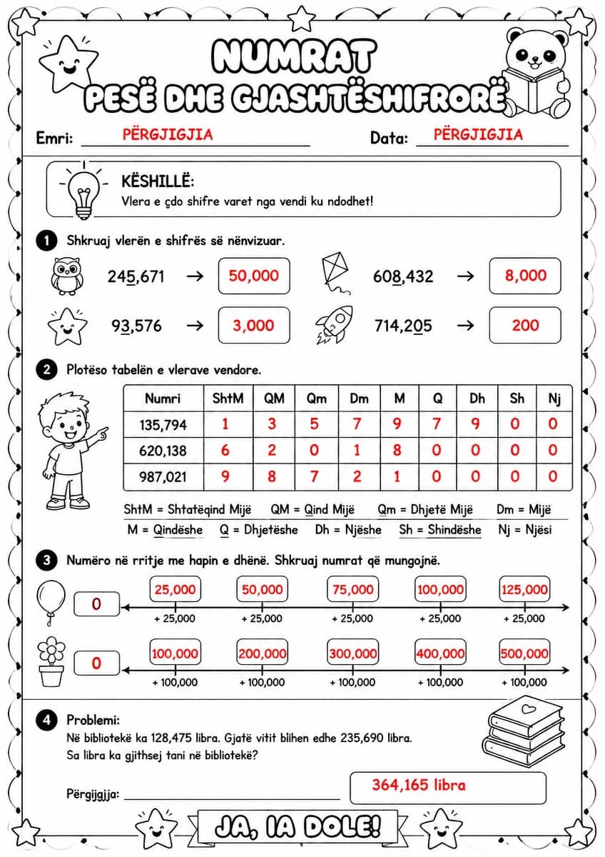 Answer key for Numrat pesë dhe gjashtëshifrorë — vlera e shifrave — free printable Math worksheet