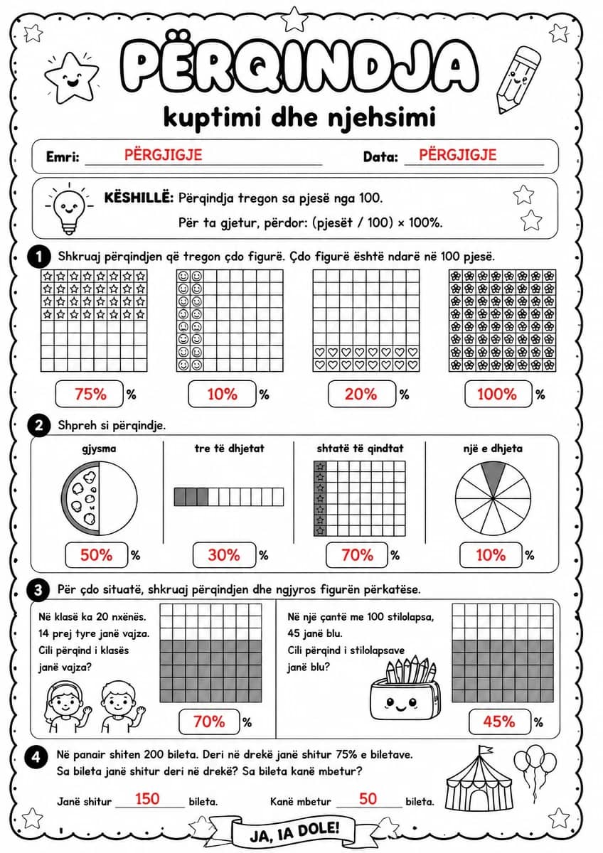 Answer key for Përqindja — kuptimi dhe njehsimi — free printable Math worksheet