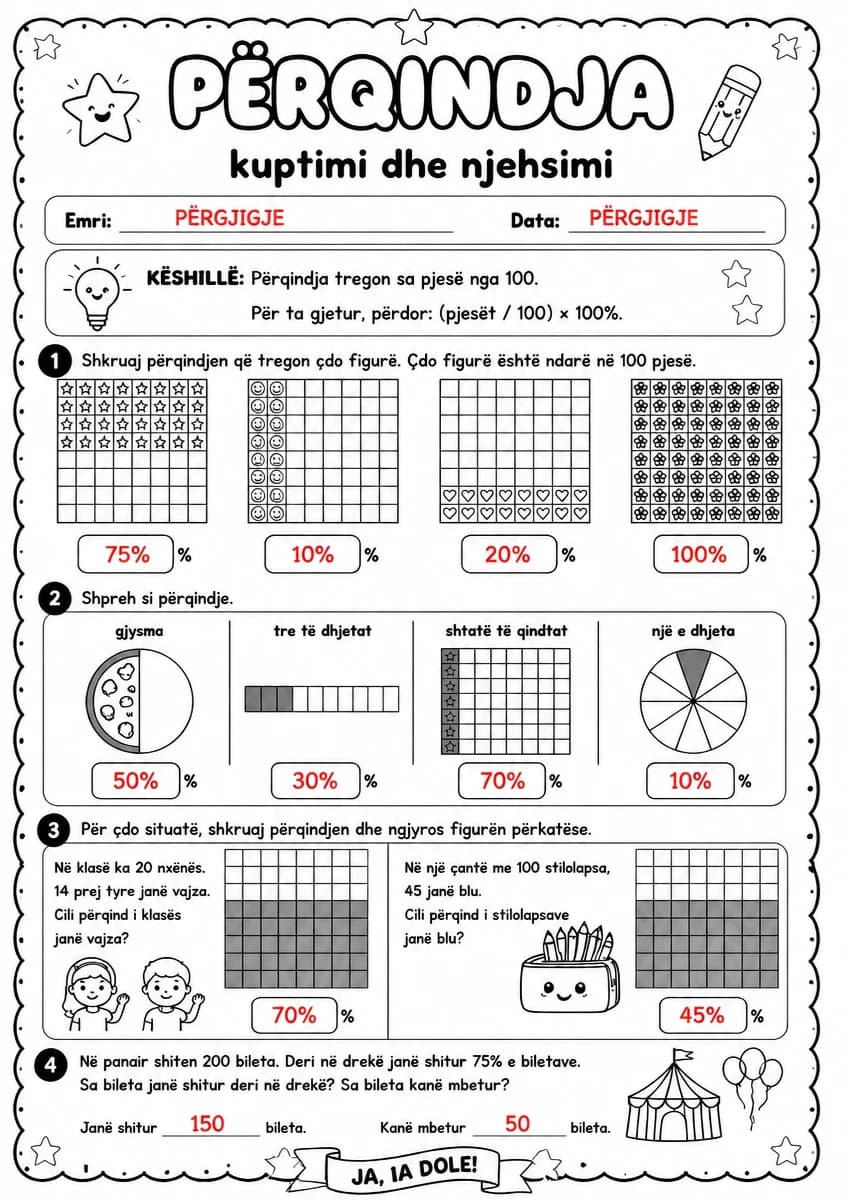 Answer key for Përqindja — kuptimi dhe njehsimi — free printable Math worksheet