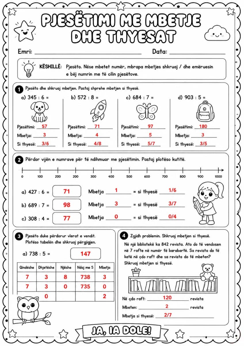 Answer key for Pjesëtimi me mbetje dhe thyesat — free printable Math worksheet