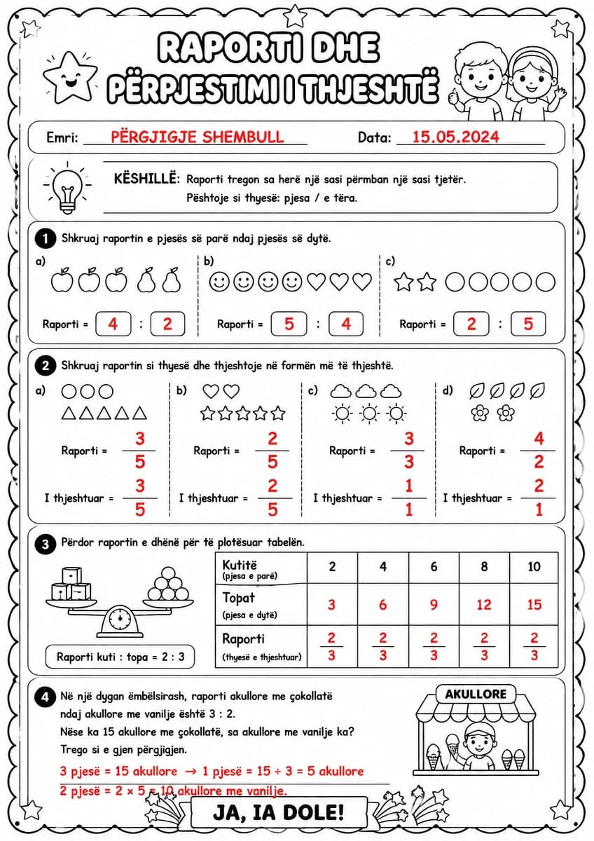 Answer key for Raporti dhe përpjestimi i thjeshtë — free printable Math worksheet
