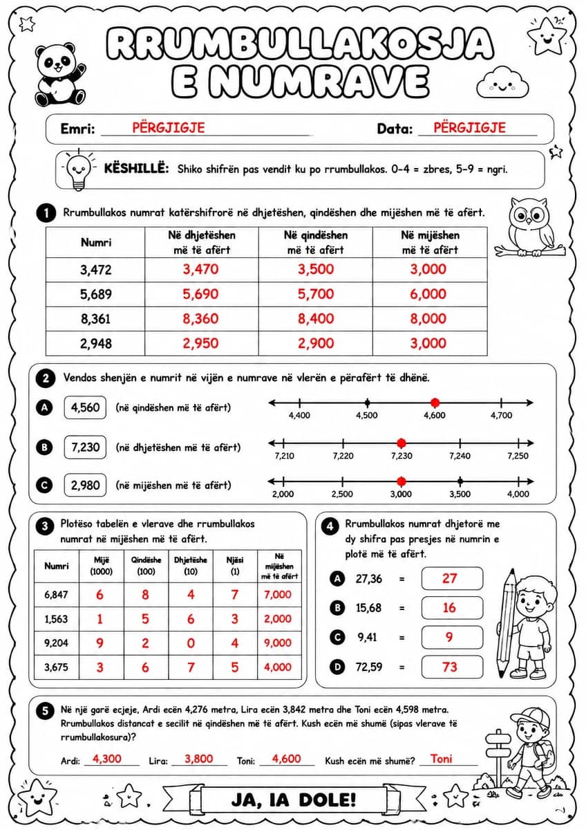Answer key for Rrumbullakosja e numrave katërshifrorë dhe dhjetorë — free printable Math worksheet