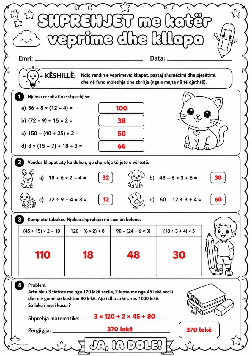Answer key for Shprehjet me katër veprime dhe kllapa — free printable Math worksheet