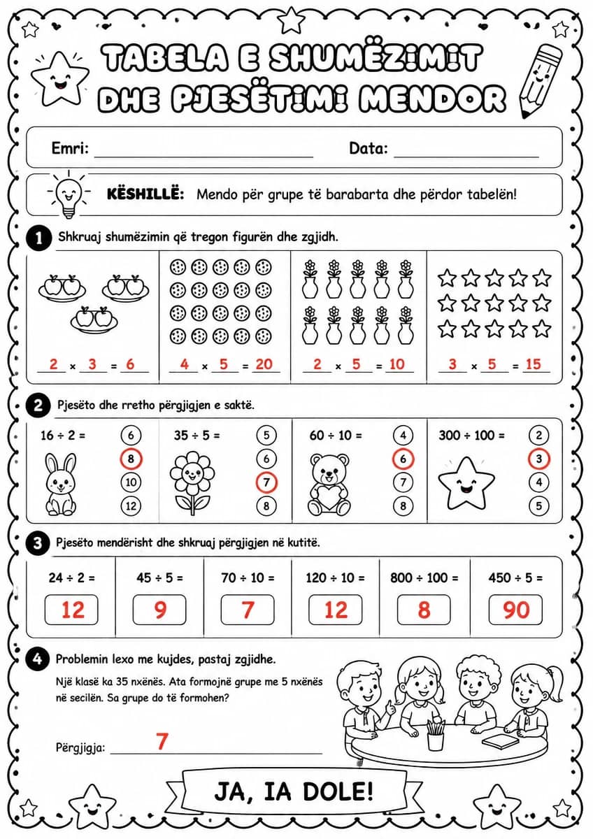 Answer key for Tabela e shumëzimit dhe pjesëtimi mendor — free printable Math worksheet