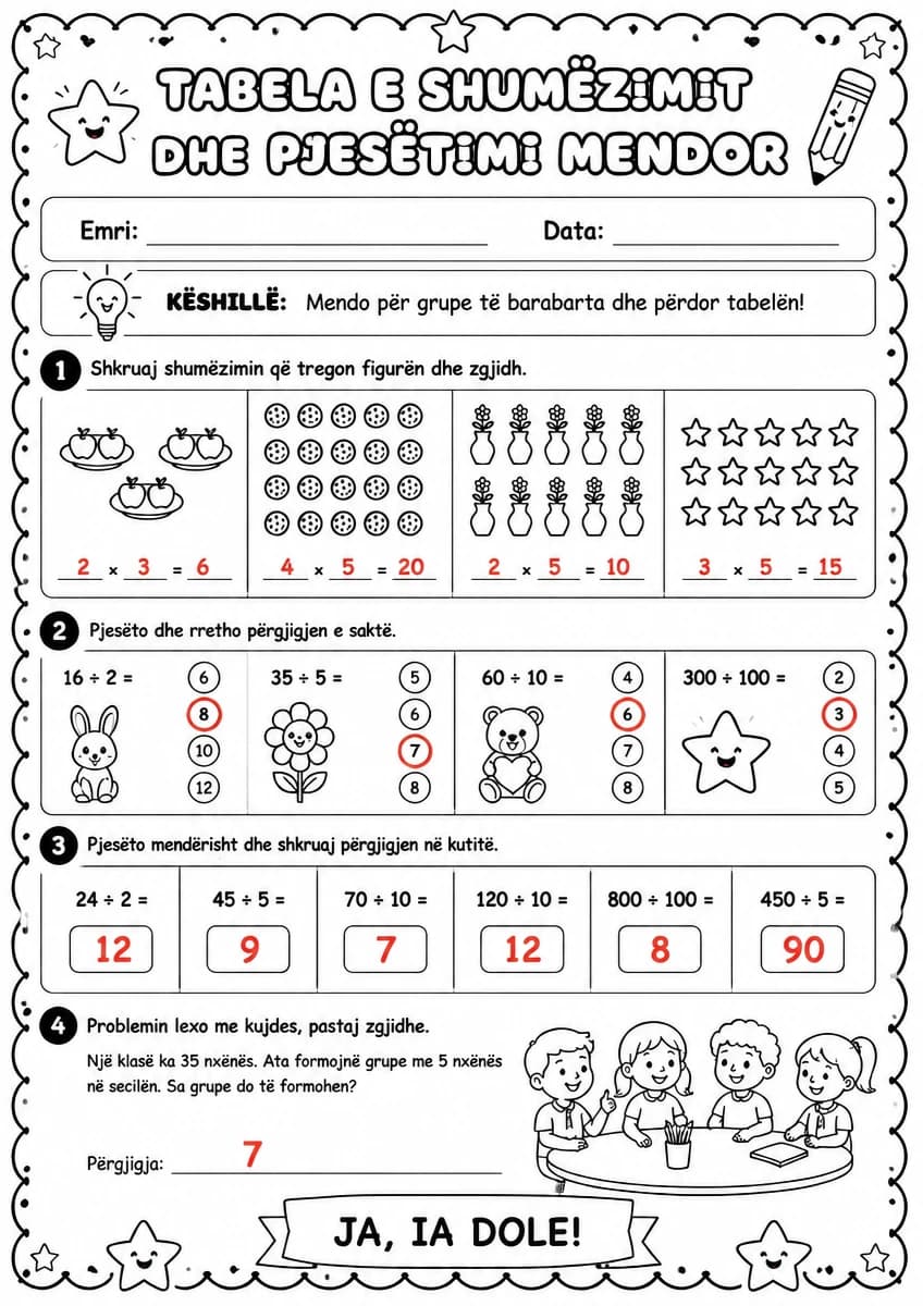 Answer key for Tabela e shumëzimit dhe pjesëtimi mendor — free printable Math worksheet