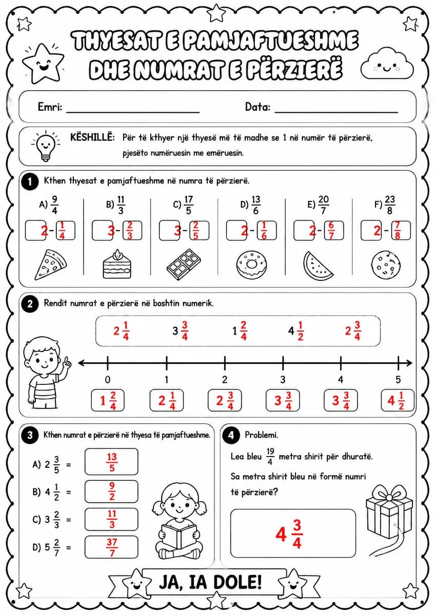 Answer key for Thyesat e pamjaftueshme dhe numrat e përzierë — free printable Math worksheet