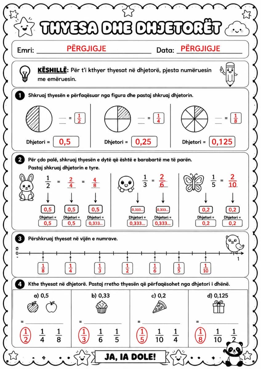 Answer key for Marrëdhëniet ndërmjet thyesave dhe dhjetorëve — free printable Math worksheet