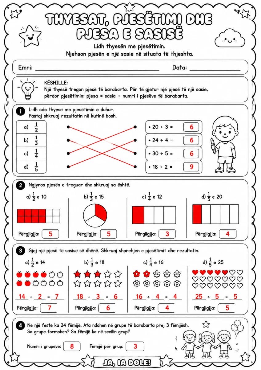 Answer key for Thyesat, pjesëtimi dhe pjesa e sasisë — free printable Math worksheet