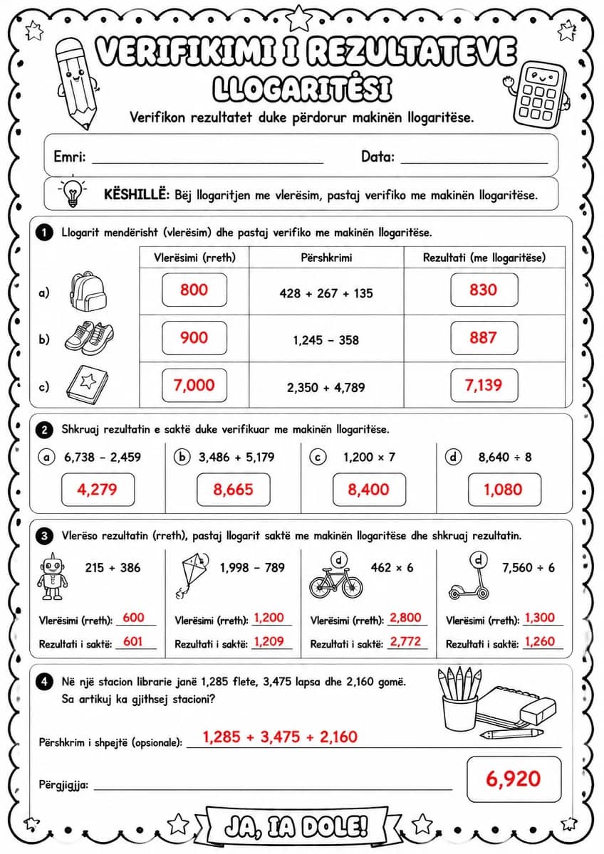 Answer key for Verifikimi i rezultateve — llogaritësi — free printable Math worksheet