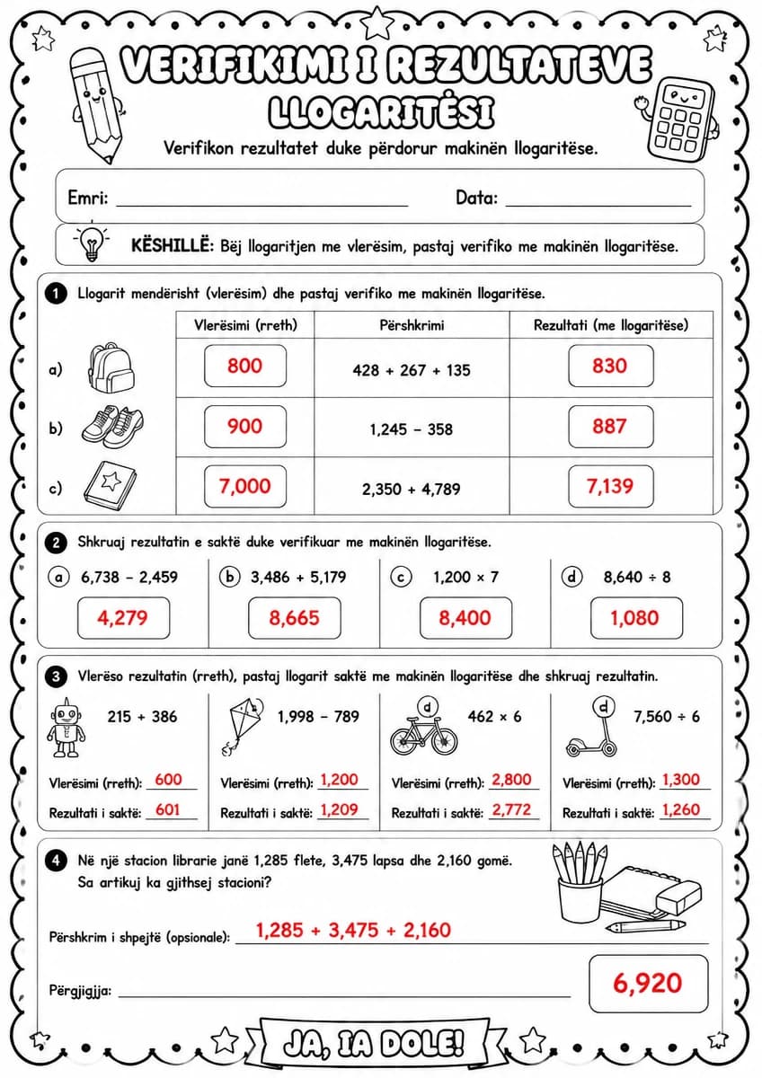 Answer key for Verifikimi i rezultateve — llogaritësi — free printable Math worksheet