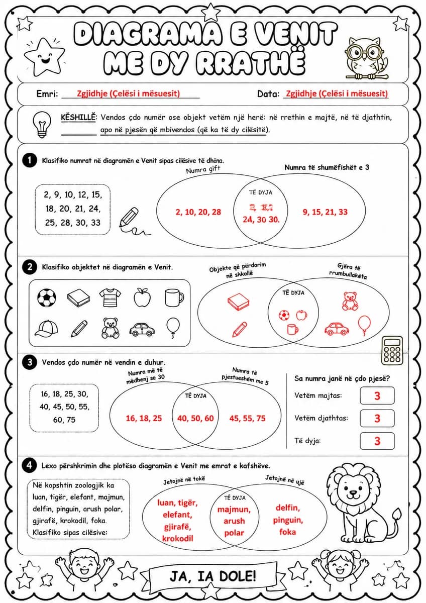 Answer key for Diagrama e Venit me dy rrathë — free printable Math worksheet