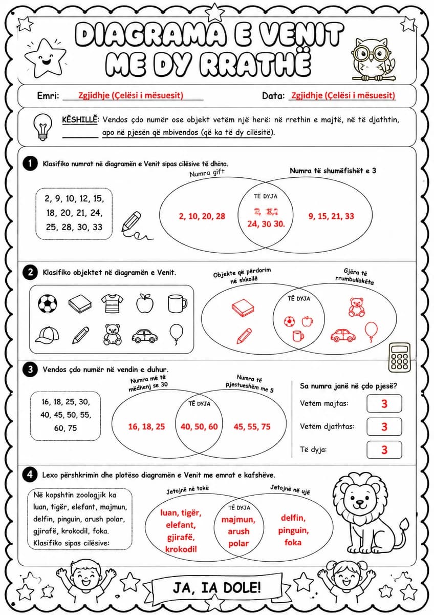 Answer key for Diagrama e Venit me dy rrathë — free printable Math worksheet