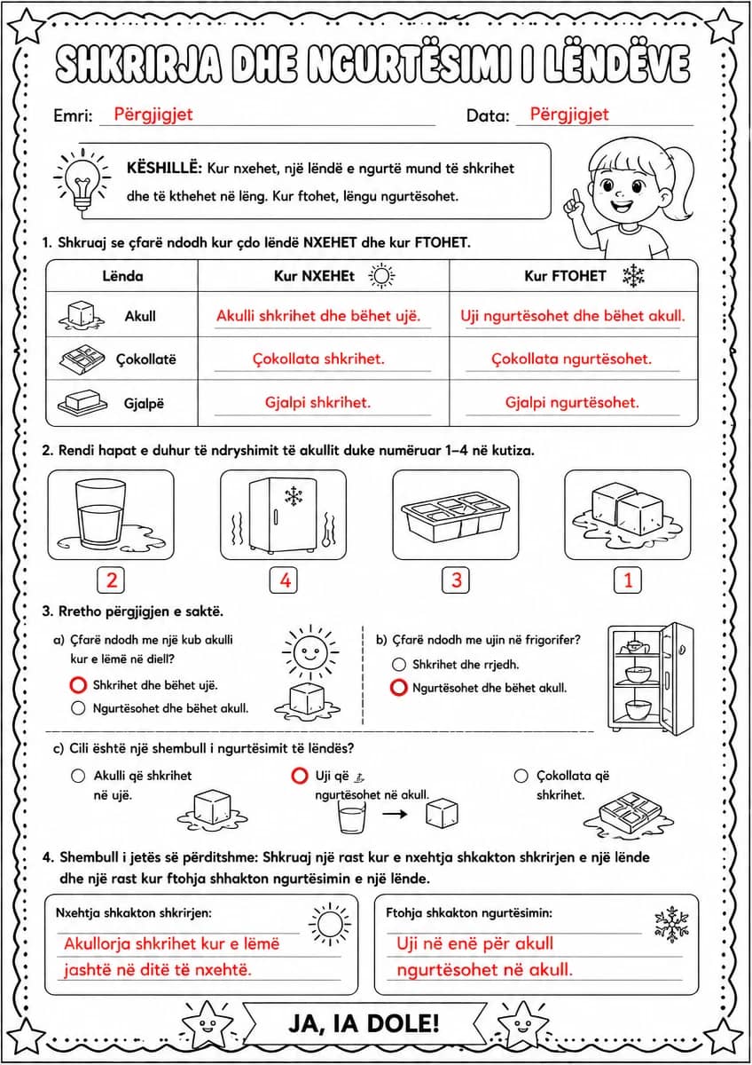 Answer key for Shkrirja dhe ngurtësimi i lëndëve — free printable Science worksheet