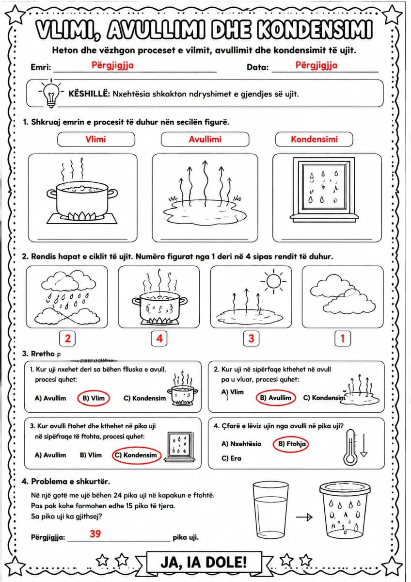 Answer key for Vlimi, avullimi dhe kondensimi — free printable Science worksheet