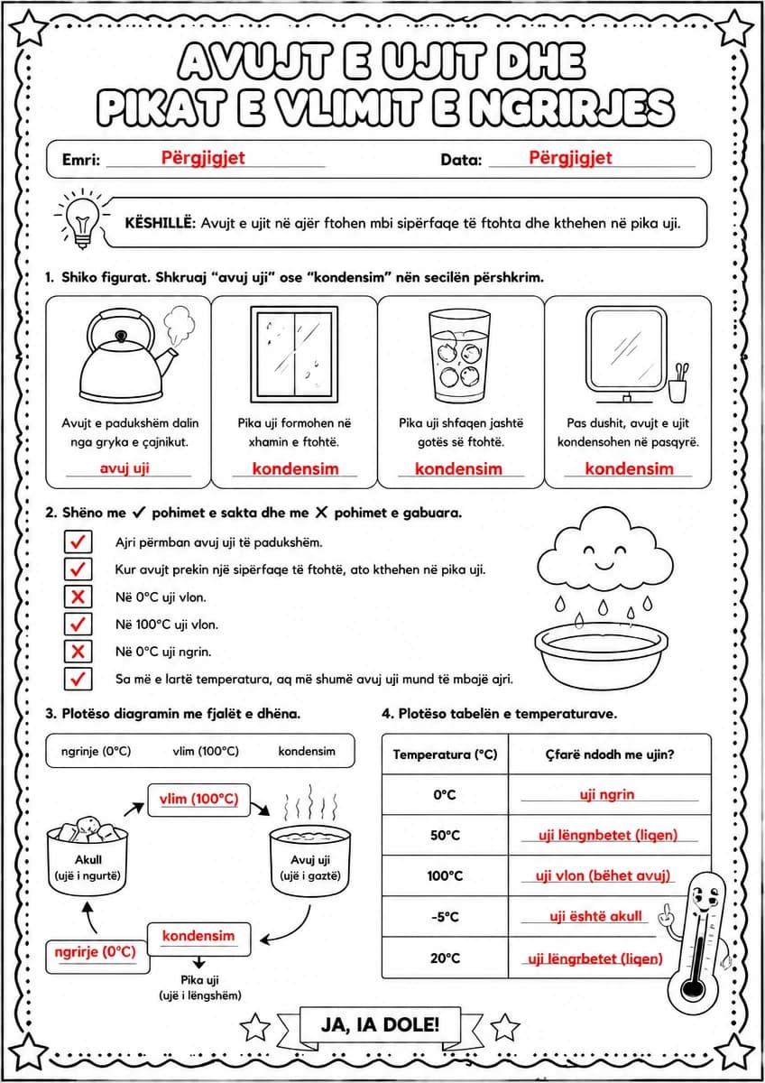 Answer key for Avujt e ujit dhe pikat e vlimit e ngrirjes — free printable Science worksheet