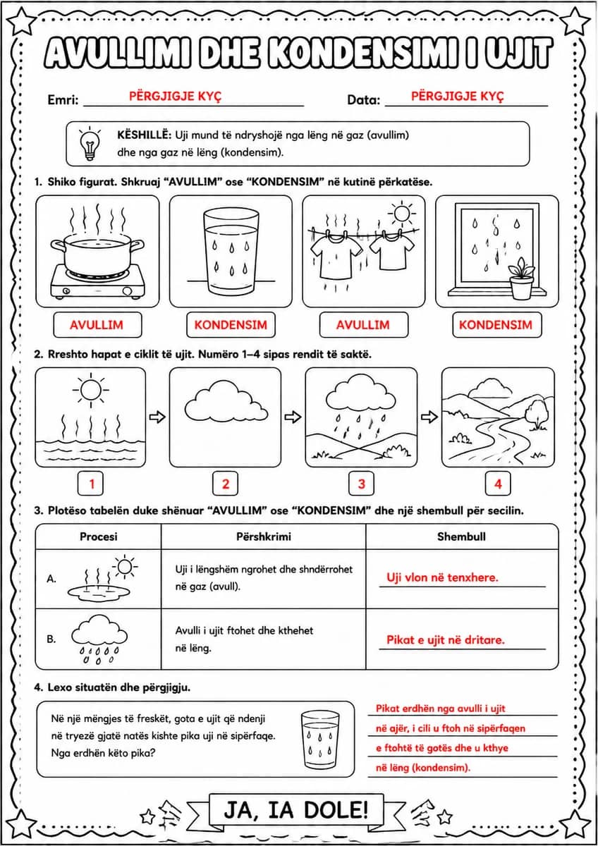 Answer key for Avullimi dhe kondensimi i ujit — free printable Science worksheet