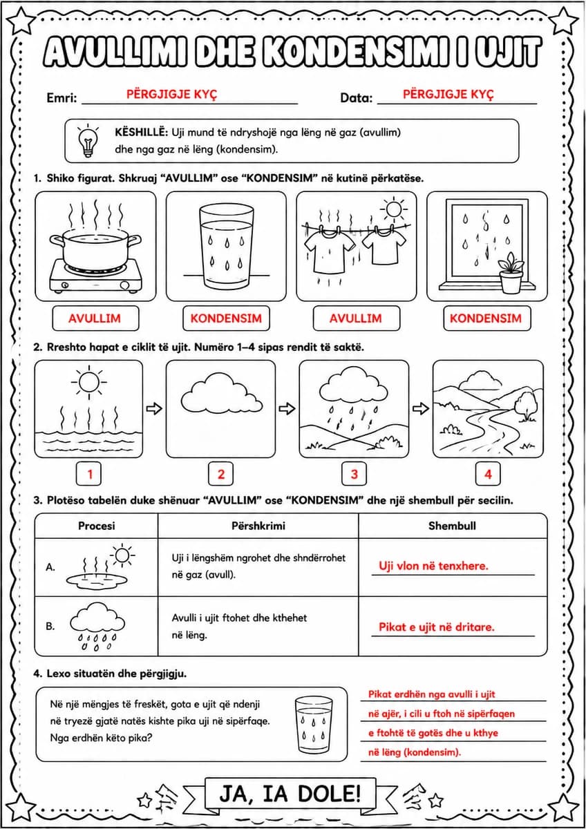 Answer key for Avullimi dhe kondensimi i ujit — free printable Science worksheet