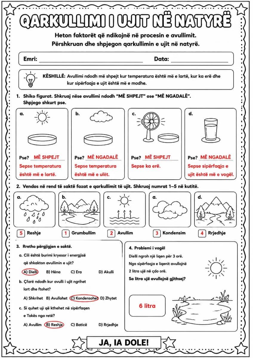 Answer key for Qarkullimi i ujit në natyrë — free printable Science worksheet
