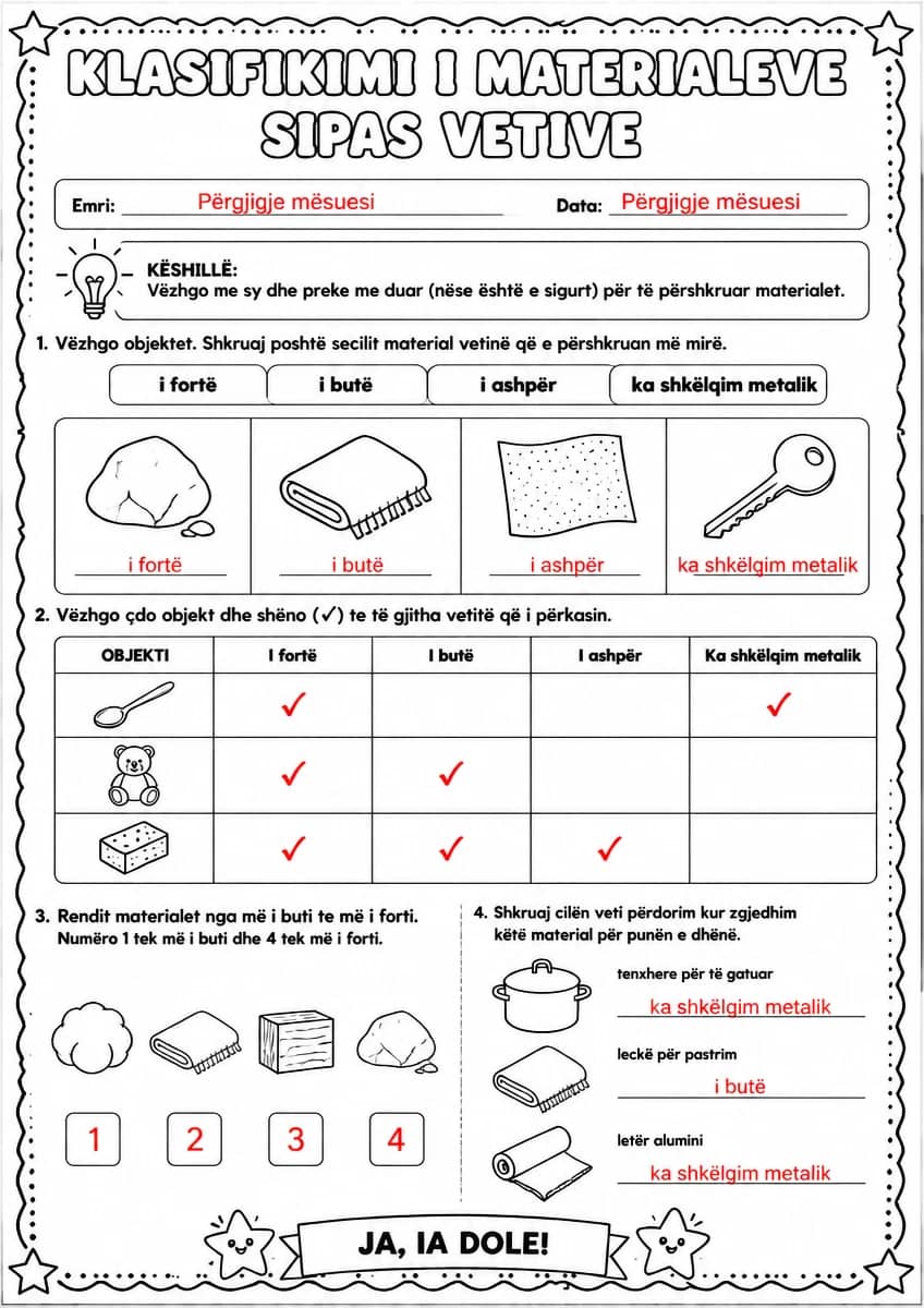 Answer key for Klasifikimi i materialeve sipas vetive — free printable Science worksheet