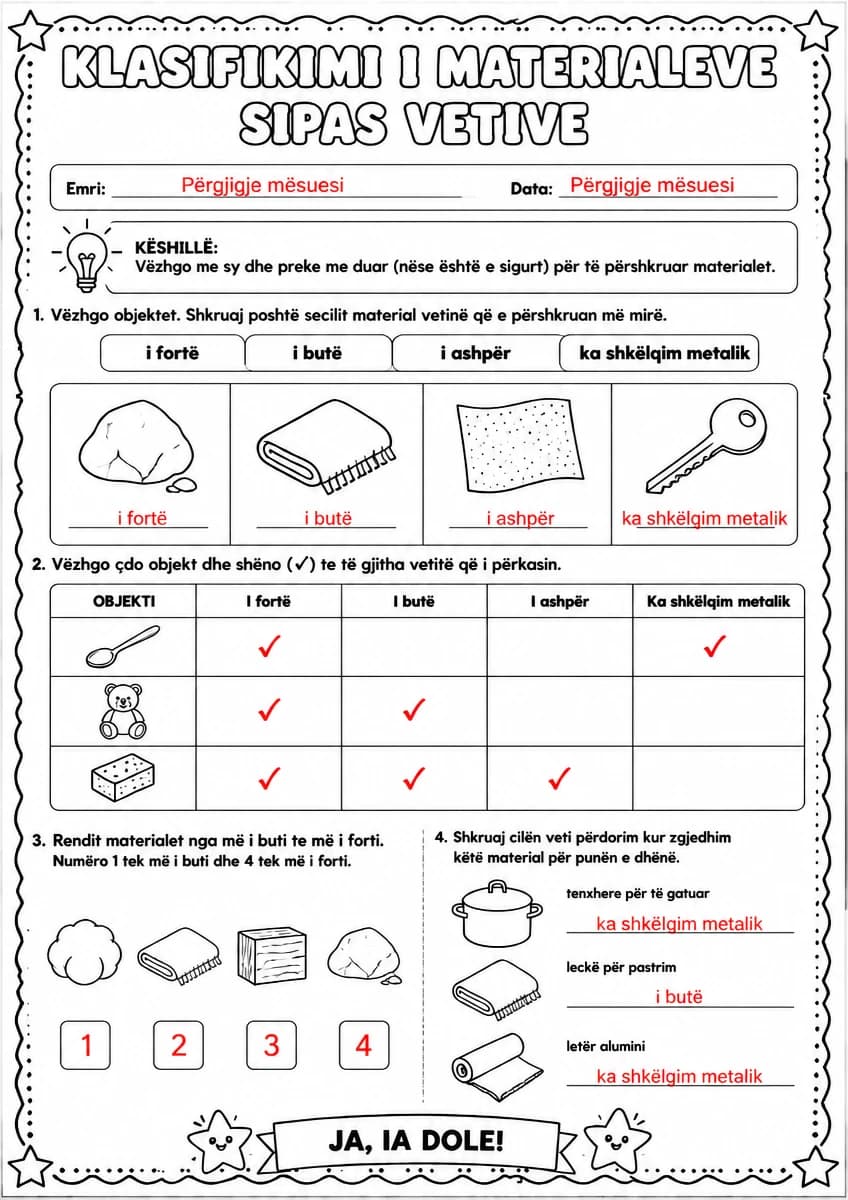 Answer key for Klasifikimi i materialeve sipas vetive — free printable Science worksheet