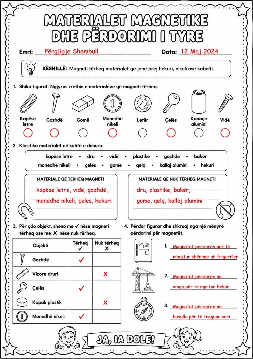 Answer key for Materialet magnetike dhe përdorimi i tyre — free printable Science worksheet