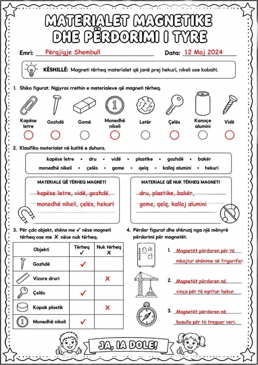 Answer key for Materialet magnetike dhe përdorimi i tyre — free printable Science worksheet