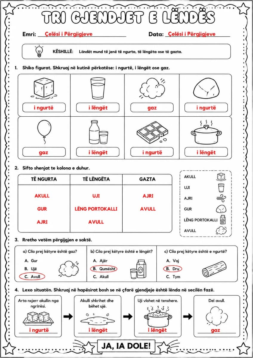 Answer key for Tri gjendjet e lëndës — free printable Science worksheet