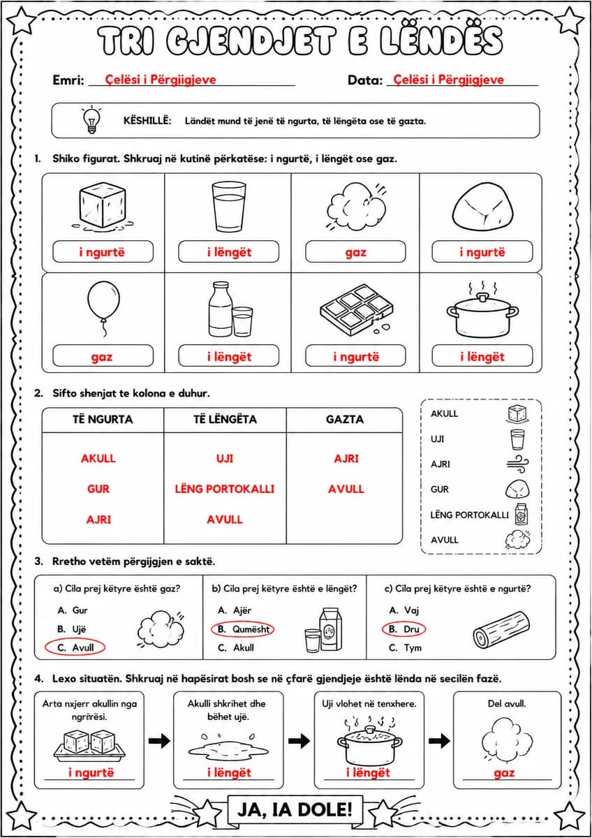Answer key for Tri gjendjet e lëndës — free printable Science worksheet