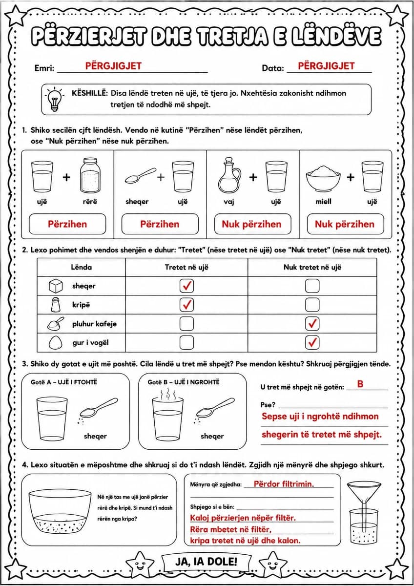 Answer key for Përzierjet dhe tretja e lëndëve — free printable Science worksheet