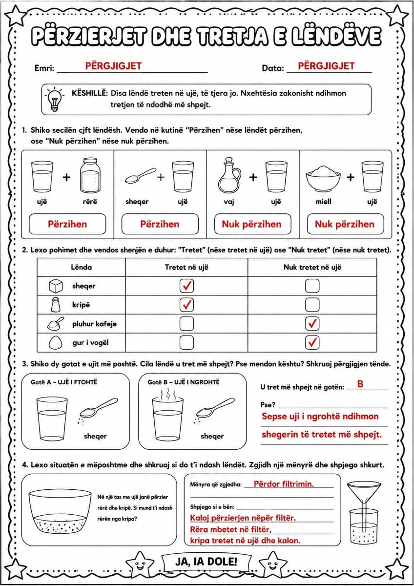 Answer key for Përzierjet dhe tretja e lëndëve — free printable Science worksheet