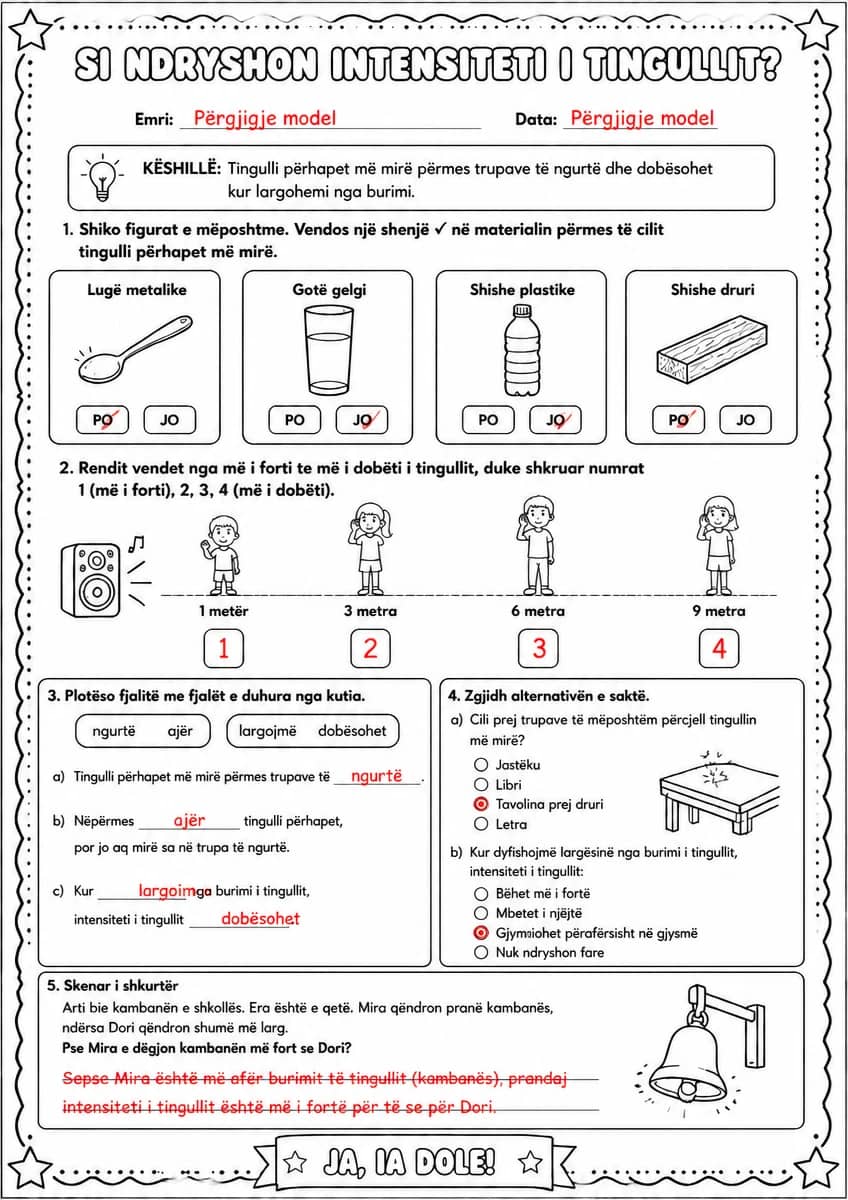 Answer key for Si ndryshon intensiteti i tingullit? — free printable Science worksheet