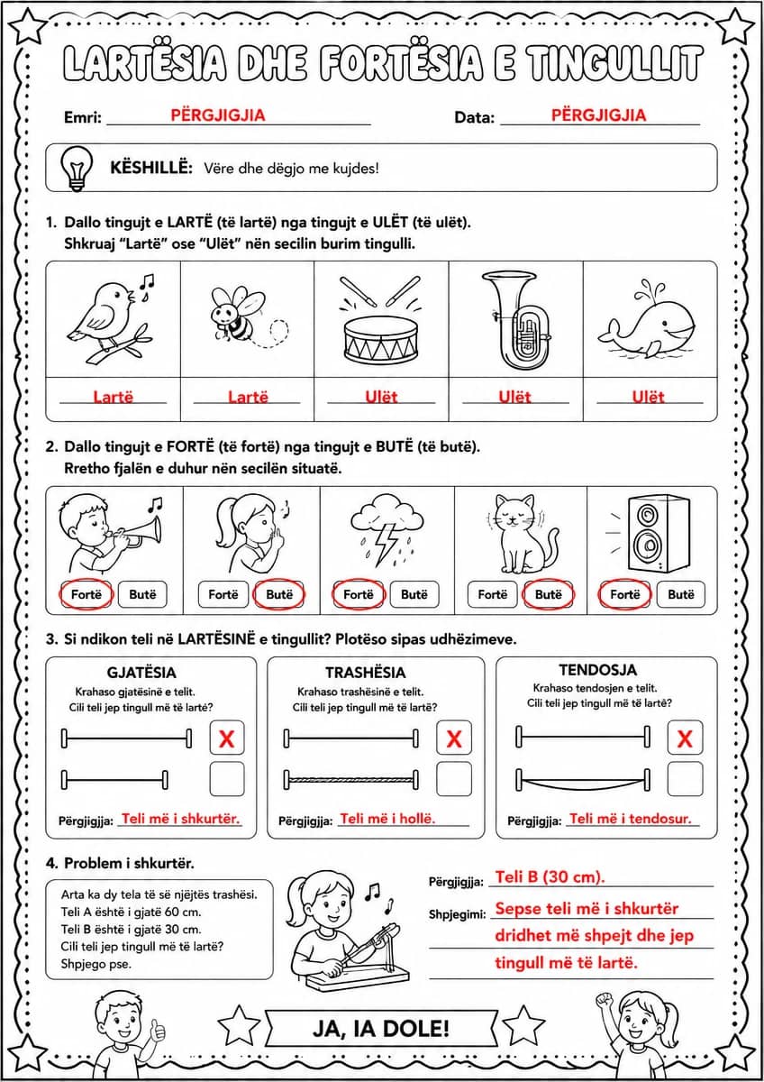 Answer key for Lartësia dhe fortësia e tingullit — free printable Science worksheet