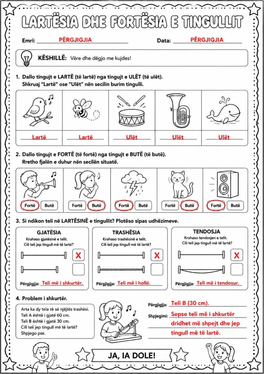 Answer key for Lartësia dhe fortësia e tingullit — free printable Science worksheet