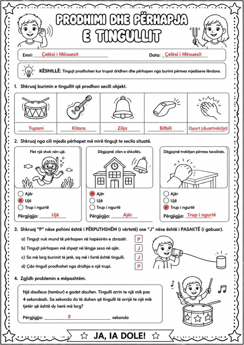 Answer key for Prodhimi dhe përhapja e tingullit — free printable Science worksheet