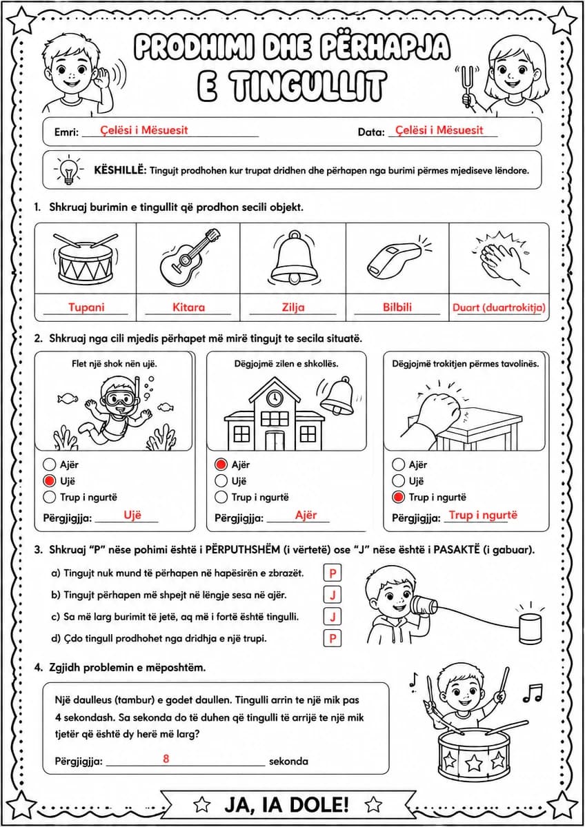 Answer key for Prodhimi dhe përhapja e tingullit — free printable Science worksheet