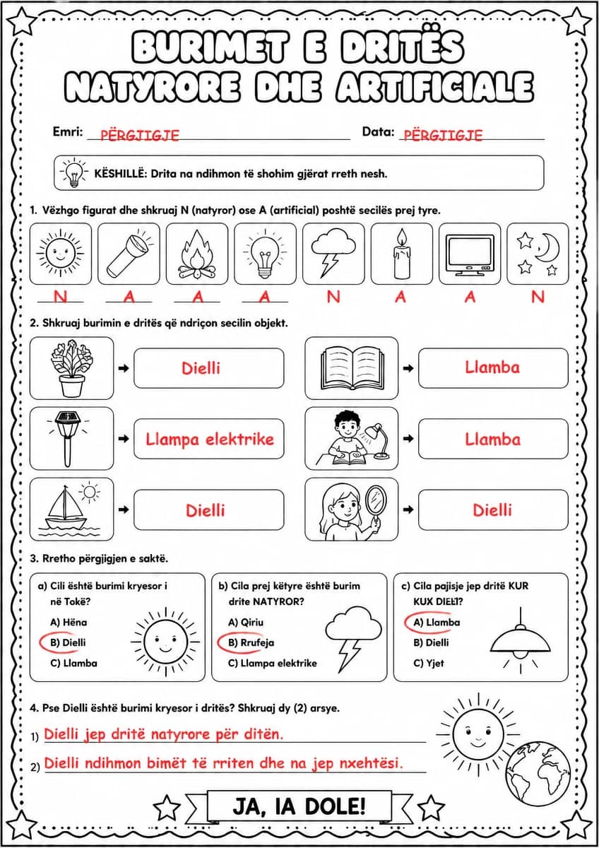 Answer key for Burimet e dritës natyrore dhe artificiale — free printable Science worksheet