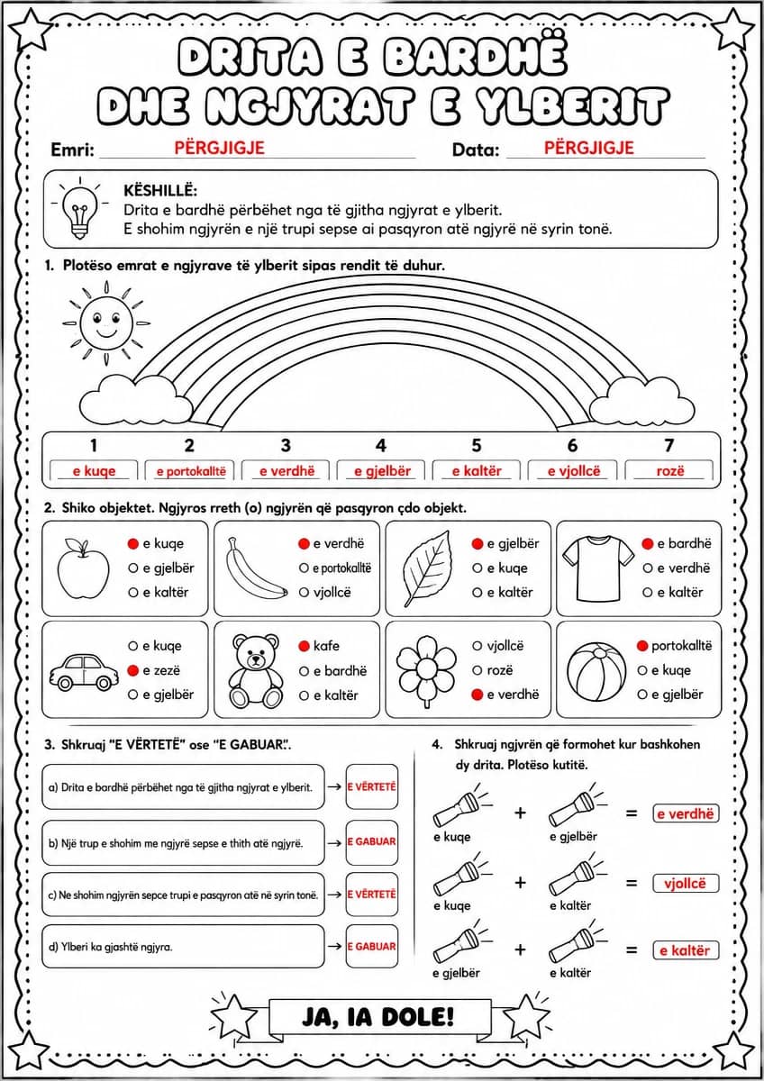 Answer key for Drita e bardhë dhe ngjyrat e ylberit — free printable Science worksheet