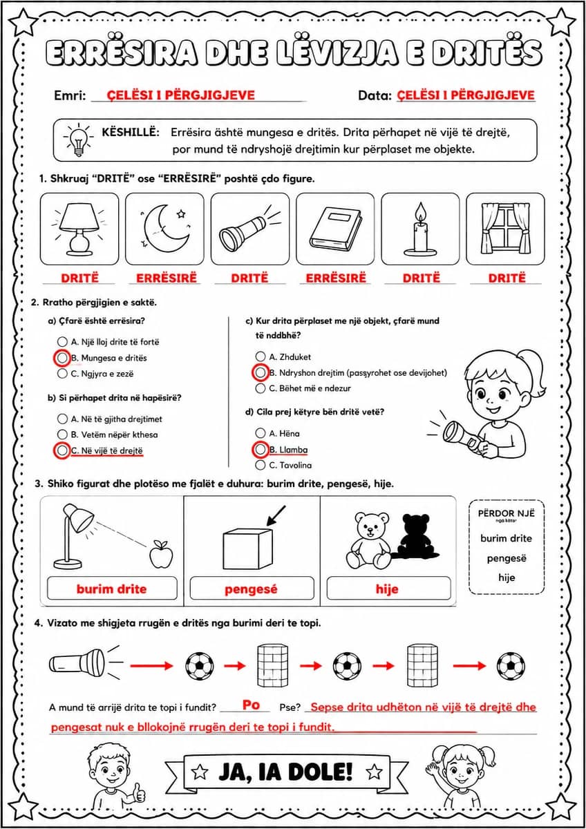 Answer key for Errësira dhe lëvizja e dritës — free printable Science worksheet