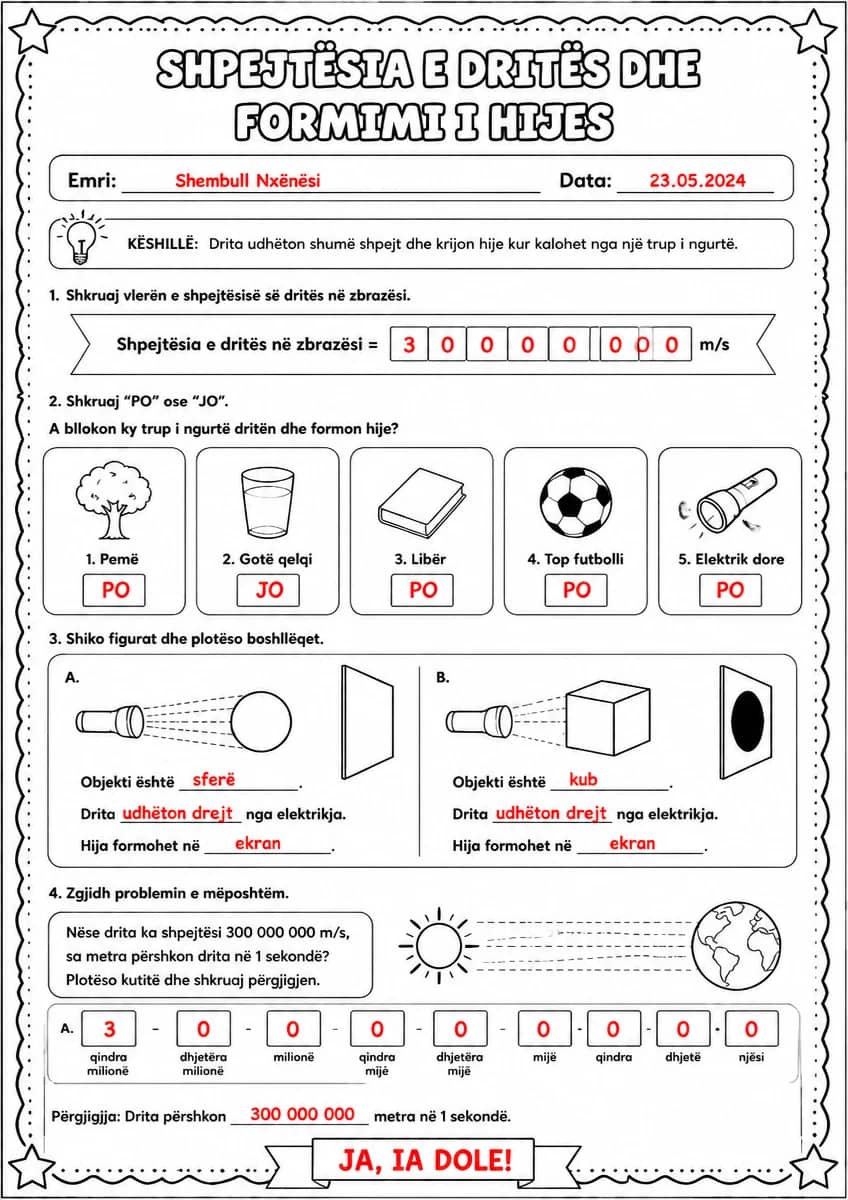Answer key for Shpejtësia e dritës dhe formimi i hijes — free printable Science worksheet