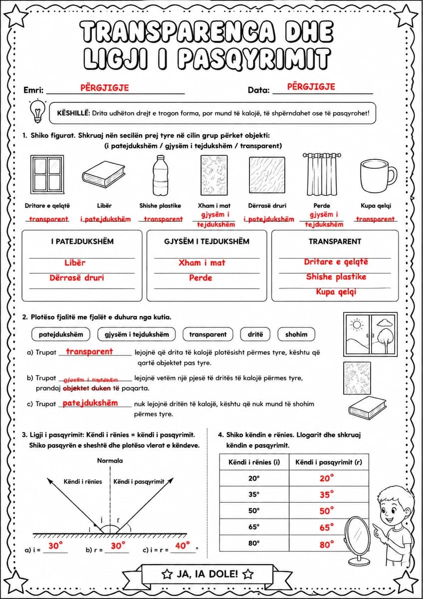 Answer key for Transparenca dhe ligji i pasqyrimit — free printable Science worksheet