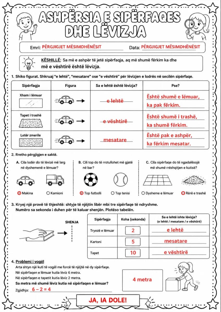 Answer key for Ashpërsia e sipërfaqes dhe lëvizja — free printable Science worksheet