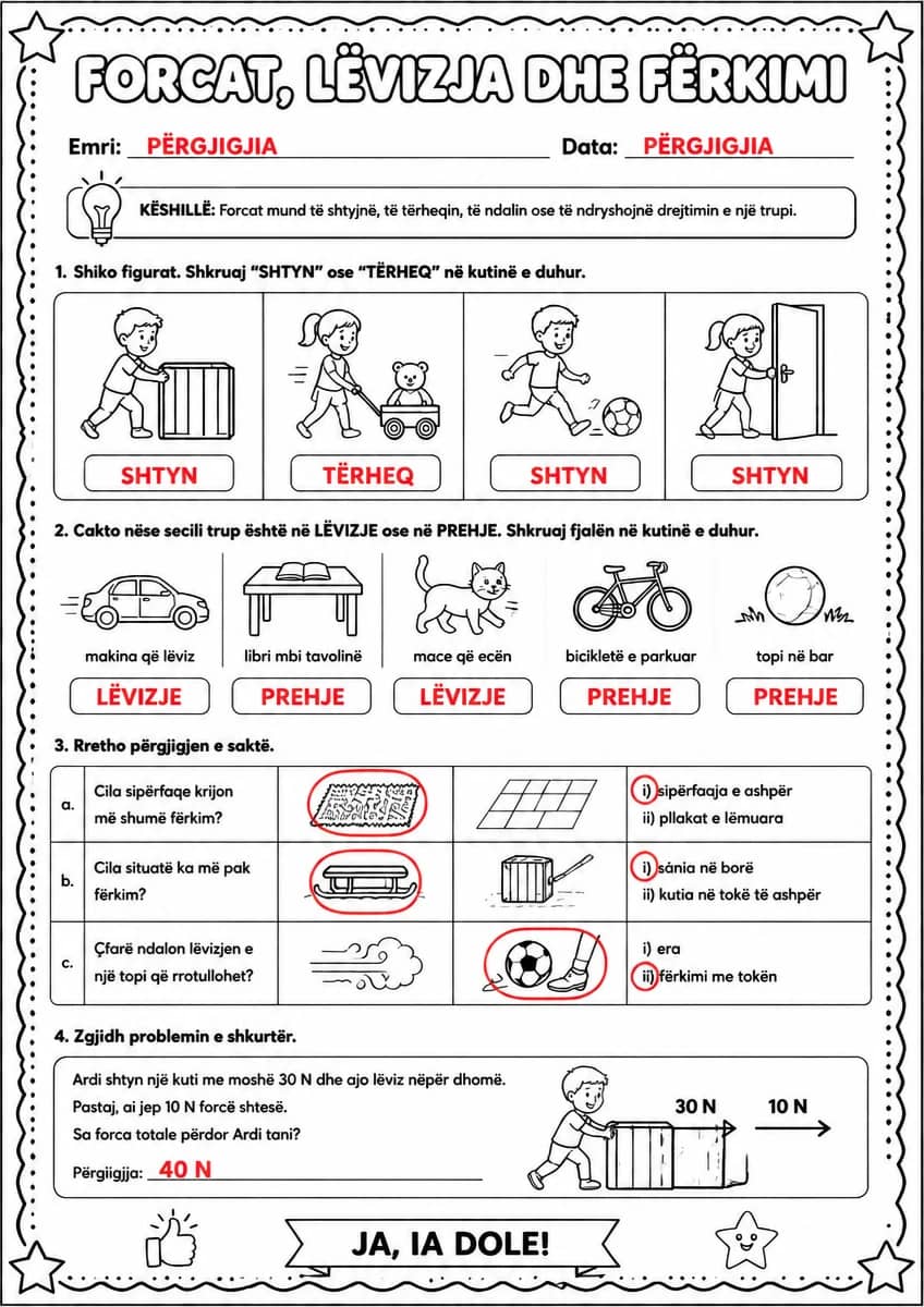 Answer key for Forcat, lëvizja dhe fërkimi — free printable Science worksheet