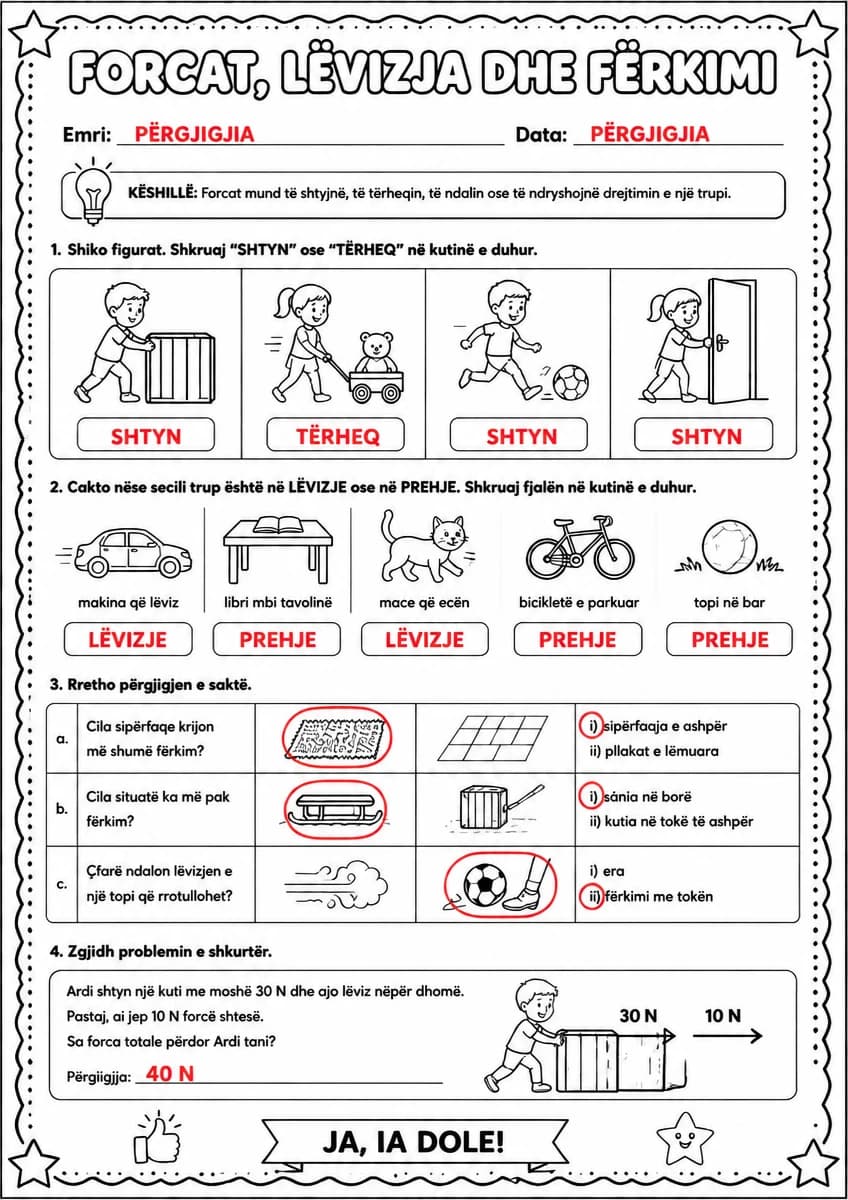 Answer key for Forcat, lëvizja dhe fërkimi — free printable Science worksheet