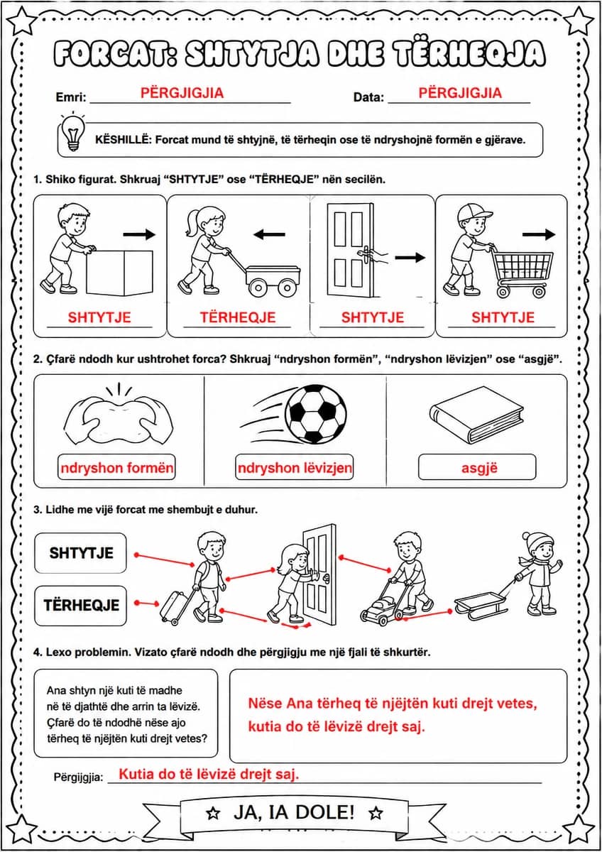 Answer key for Forcat: shtytja dhe tërheqja — free printable Science worksheet