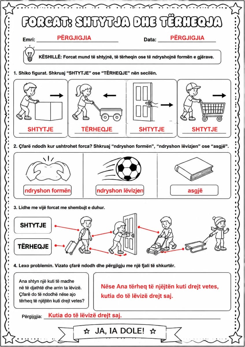 Answer key for Forcat: shtytja dhe tërheqja — free printable Science worksheet