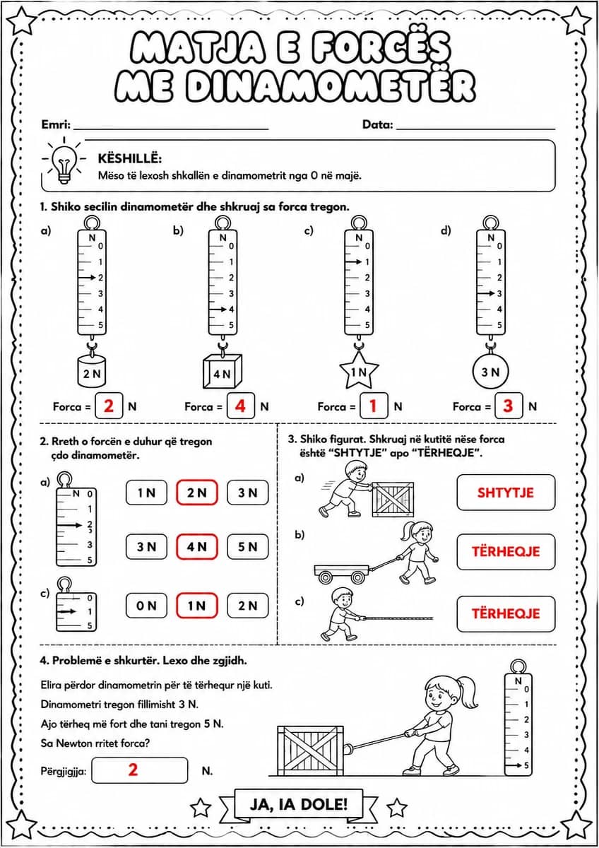 Answer key for Matja e forcës me dinamometër — free printable Science worksheet