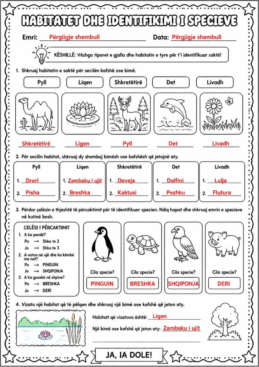 Answer key for Habitatet dhe identifikimi i specieve — free printable Science worksheet