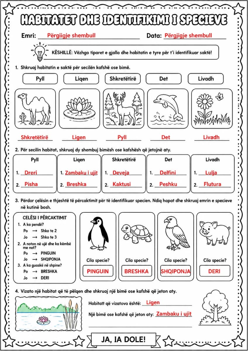 Answer key for Habitatet dhe identifikimi i specieve — free printable Science worksheet
